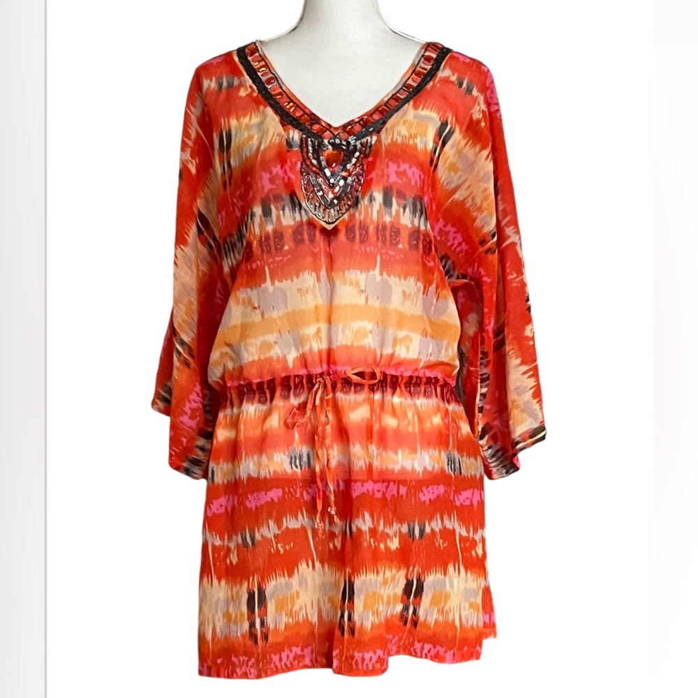 Bali Club Tunic Top Beaded Pullover V-neck 3/4 Orange White Black Artsy Size XL